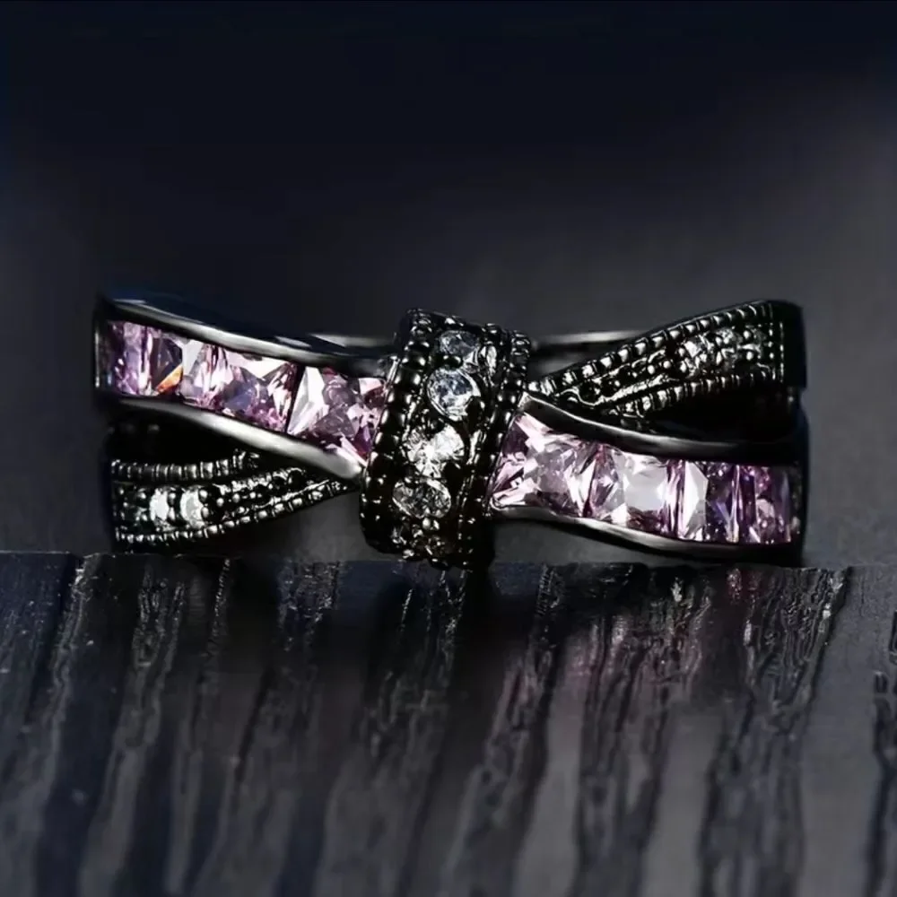 Gothic Amethyst Bowknot Ring Black Stainless Steel Rare and Unique Black Ring